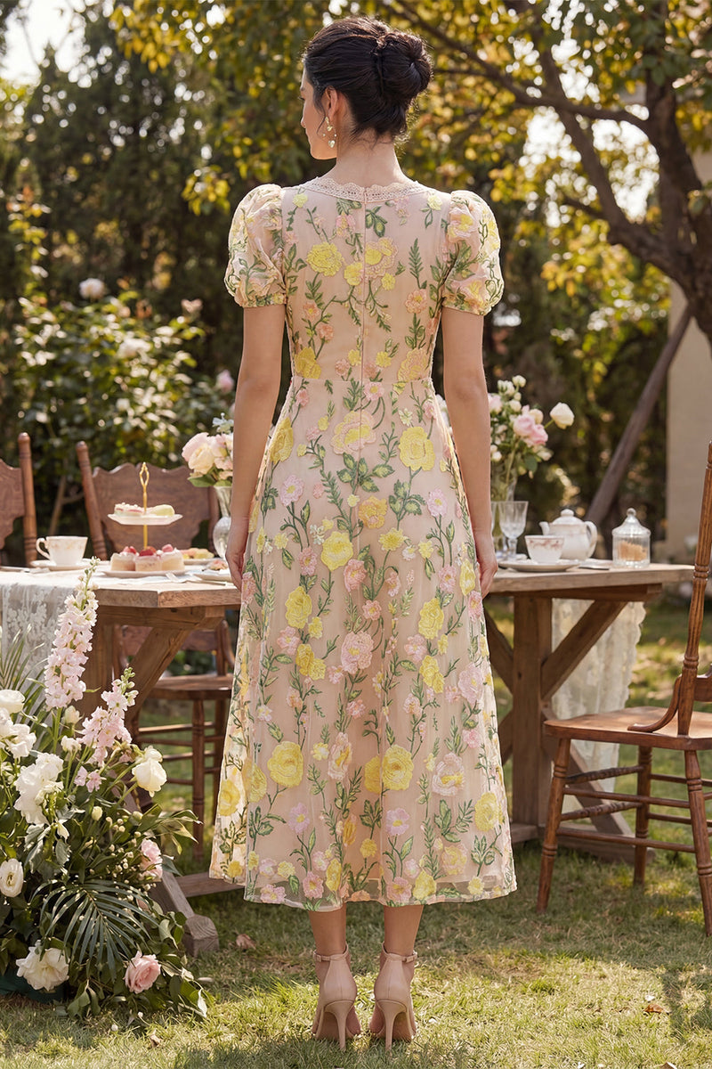 Load image into Gallery viewer, Puff Sleeves A Line Floral Maxi Champagne Wedding Guest Dress with Lace