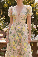 Load image into Gallery viewer, Puff Sleeves A Line Floral Maxi Champagne Wedding Guest Dress with Lace