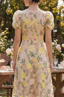 Load image into Gallery viewer, Puff Sleeves A Line Floral Maxi Champagne Wedding Guest Dress with Lace