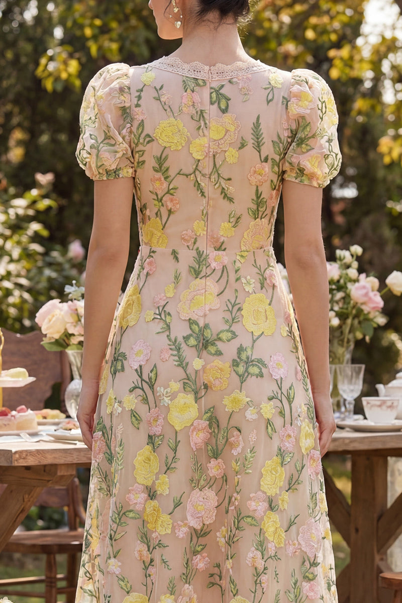 Load image into Gallery viewer, Puff Sleeves A Line Floral Maxi Champagne Wedding Guest Dress with Lace