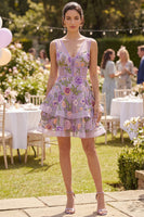 Load image into Gallery viewer, Lilac Short V-Neck Floral Corset A Line Wedding Guest Dress with Ruffles