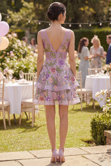 Lilac Short V-Neck Floral Corset A Line Wedding Guest Dress with Ruffles