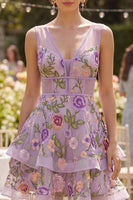 Load image into Gallery viewer, Lilac Short V-Neck Floral Corset A Line Wedding Guest Dress with Ruffles
