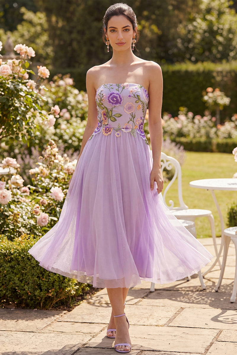 Load image into Gallery viewer, Strapless A Line Maxi Lilac Floral Beach Wedding Guest Dress