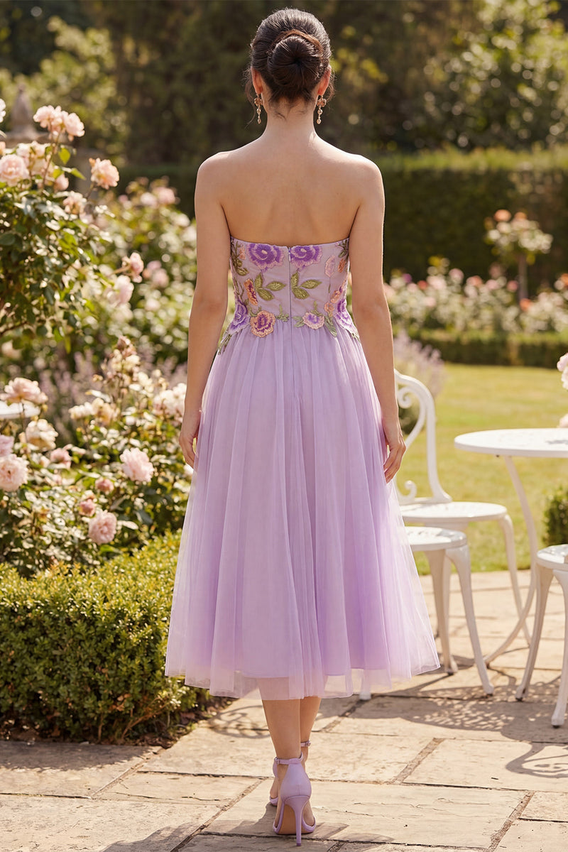 Load image into Gallery viewer, Strapless A Line Maxi Lilac Floral Beach Wedding Guest Dress
