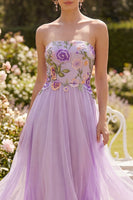 Load image into Gallery viewer, Strapless A Line Maxi Lilac Floral Beach Wedding Guest Dress