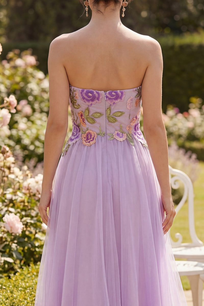 Load image into Gallery viewer, Strapless A Line Maxi Lilac Floral Beach Wedding Guest Dress