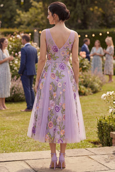Lilac Floral V-Neck A Line Maxi Wedding Guest Dress