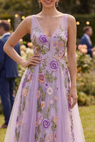 Load image into Gallery viewer, Lilac Floral V-Neck A Line Maxi Wedding Guest Dress