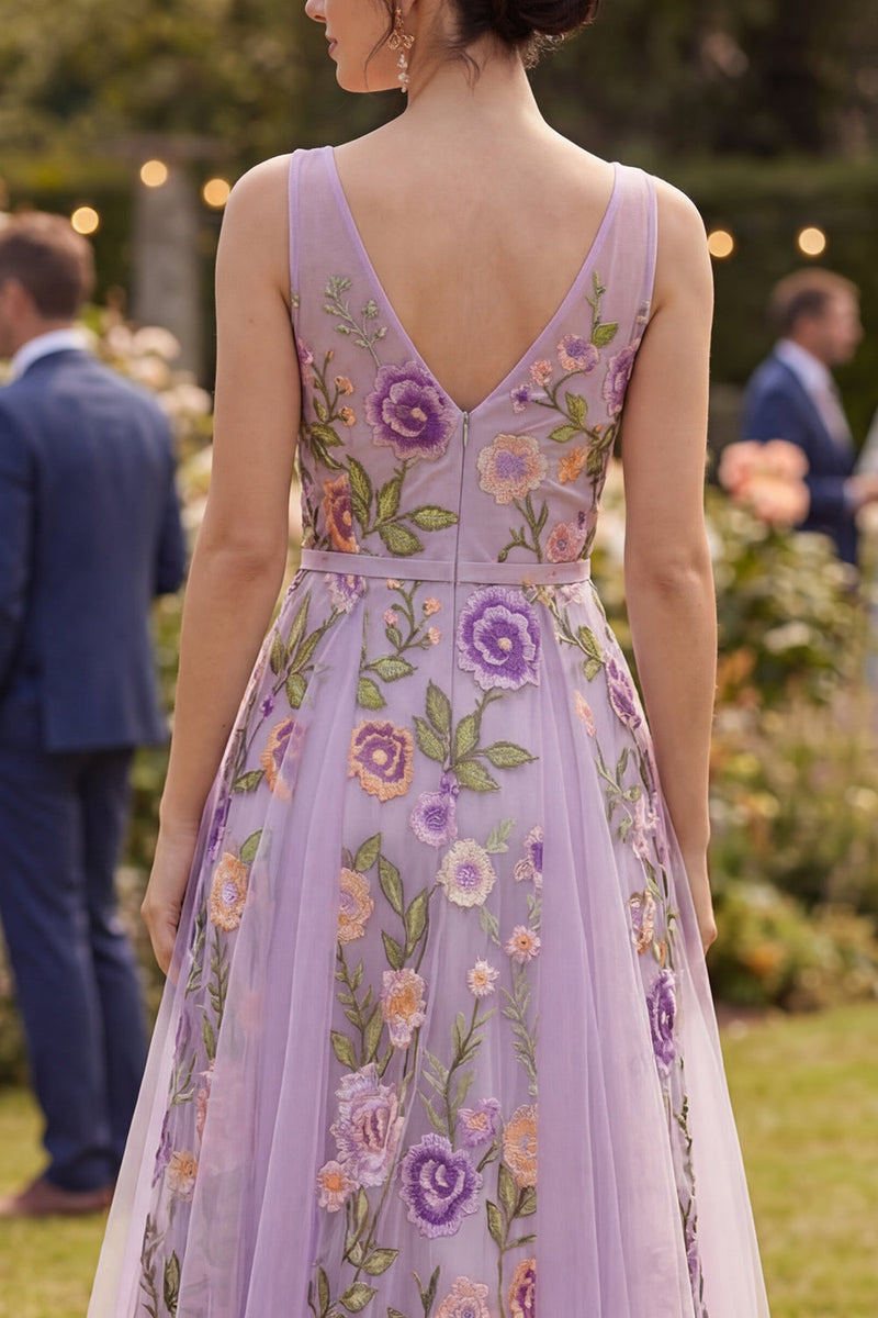 Load image into Gallery viewer, Lilac Floral V-Neck A Line Maxi Wedding Guest Dress