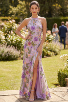 Load image into Gallery viewer, Lilac Sheath Halter Floral Open Back Maxi Wedding Guest Dress with Slit