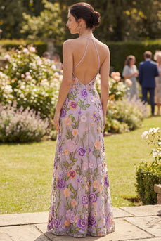 Lilac Sheath Halter Floral Open Back Maxi Wedding Guest Dress with Slit