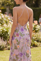 Load image into Gallery viewer, Lilac Sheath Halter Floral Open Back Maxi Wedding Guest Dress with Slit