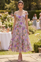 Load image into Gallery viewer, Lilac Floral A Line Maxi Off the Shoulder Wedding Guest Dress