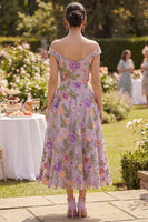 Load image into Gallery viewer, Lilac Floral A Line Maxi Off the Shoulder Wedding Guest Dress