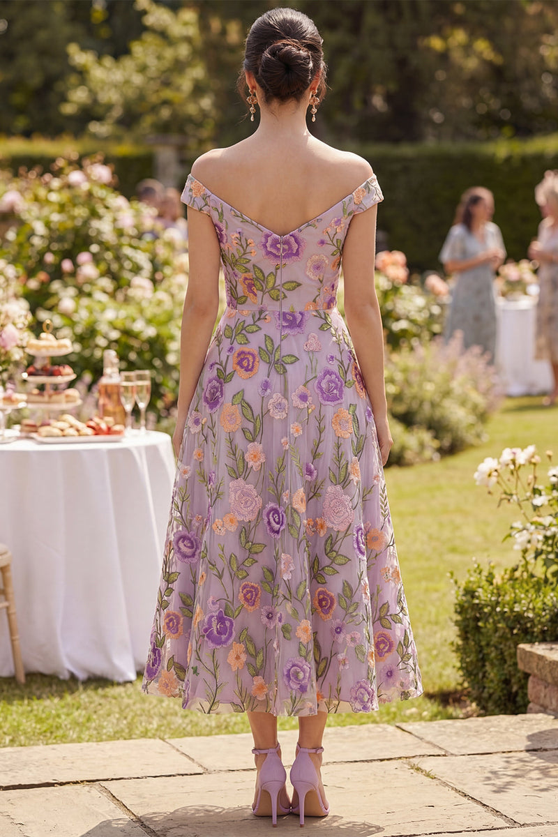 Load image into Gallery viewer, Lilac Floral A Line Maxi Off the Shoulder Wedding Guest Dress