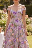 Load image into Gallery viewer, Lilac Floral A Line Maxi Off the Shoulder Wedding Guest Dress