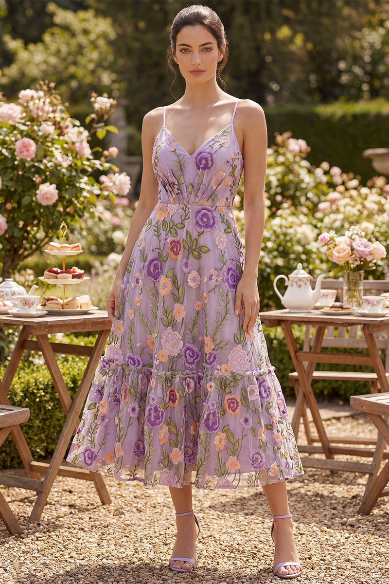 Load image into Gallery viewer, Ruched Floral Lilac A Line Spaghetti Straps Maxi Wedding Guest Dress