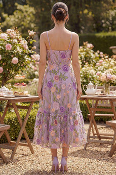 Ruched Floral Lilac A Line Spaghetti Straps Maxi Wedding Guest Dress