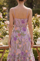 Load image into Gallery viewer, Ruched Floral Lilac A Line Spaghetti Straps Maxi Wedding Guest Dress
