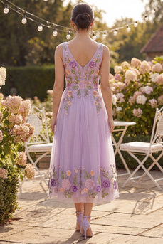 Lilac Maxi Floral V-Neck A Line Wedding Guest Dress