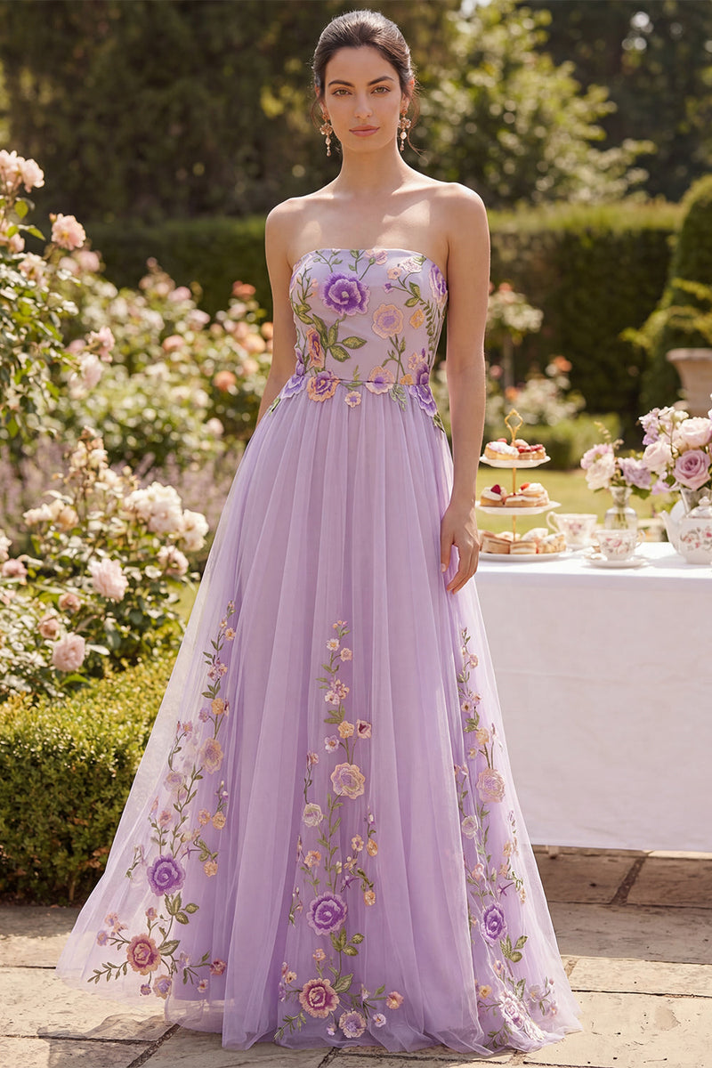 Load image into Gallery viewer, Maxi Floral Strapless Lilac A Line Wedding Guest Dress