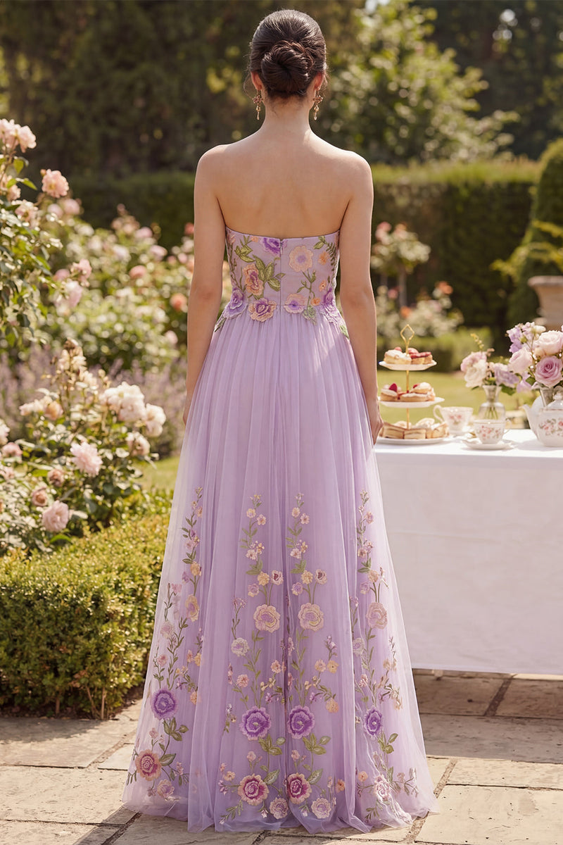 Load image into Gallery viewer, Maxi Floral Strapless Lilac A Line Wedding Guest Dress