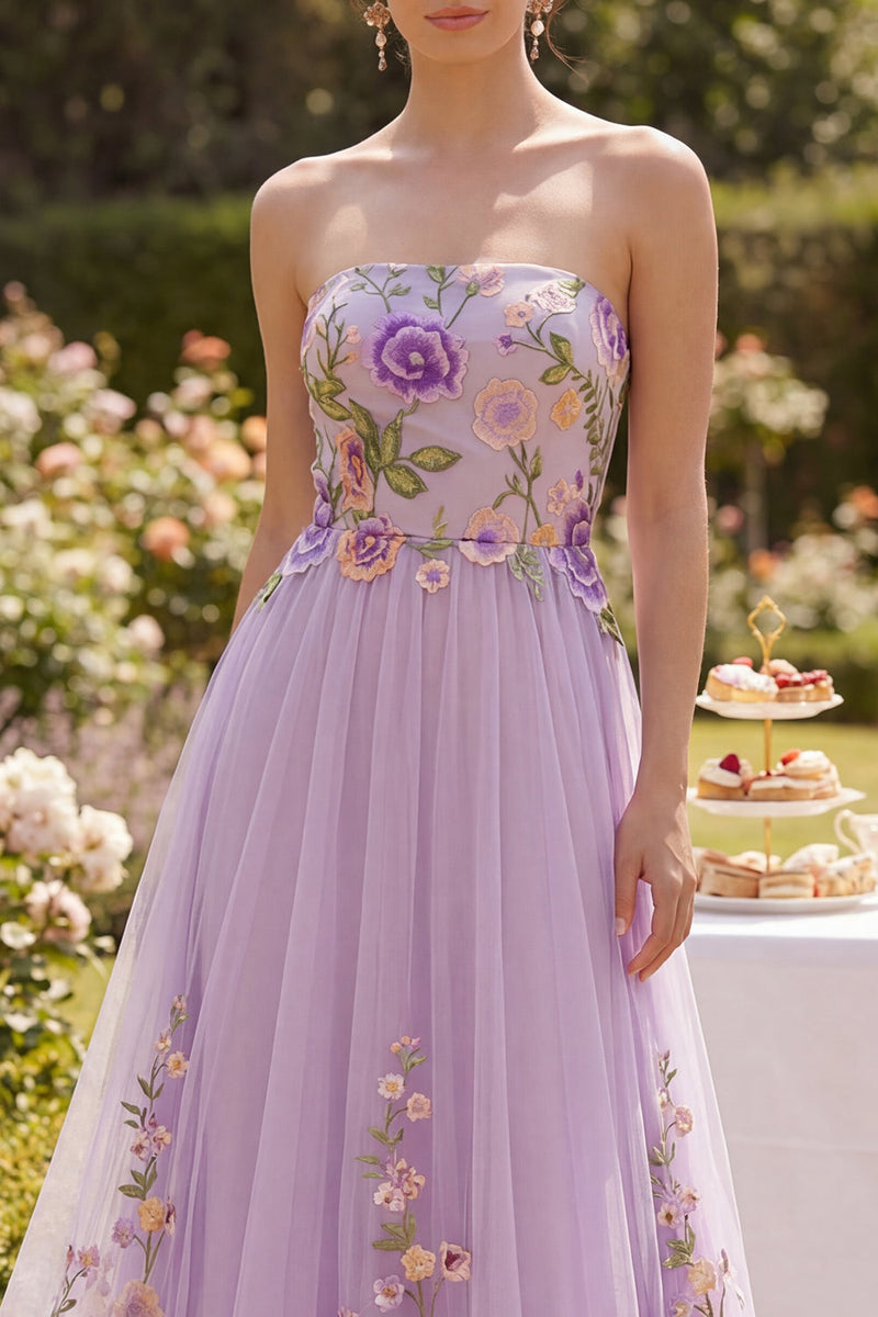 Load image into Gallery viewer, Maxi Floral Strapless Lilac A Line Wedding Guest Dress