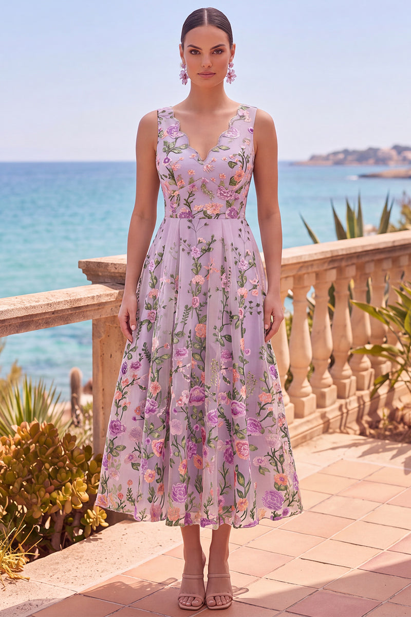 Load image into Gallery viewer, Lilac A Line Maxi Floral V-Neck Wedding Guest Dress