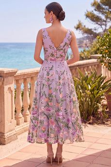 Lilac A Line Maxi Floral V-Neck Wedding Guest Dress