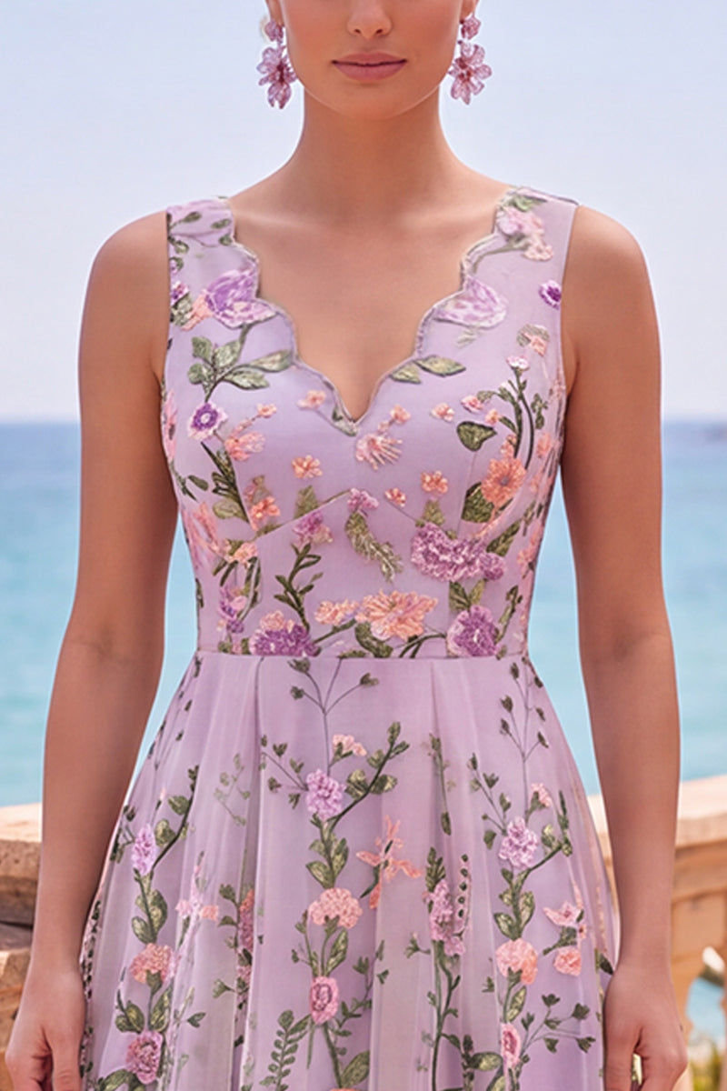 Load image into Gallery viewer, Lilac A Line Maxi Floral V-Neck Wedding Guest Dress