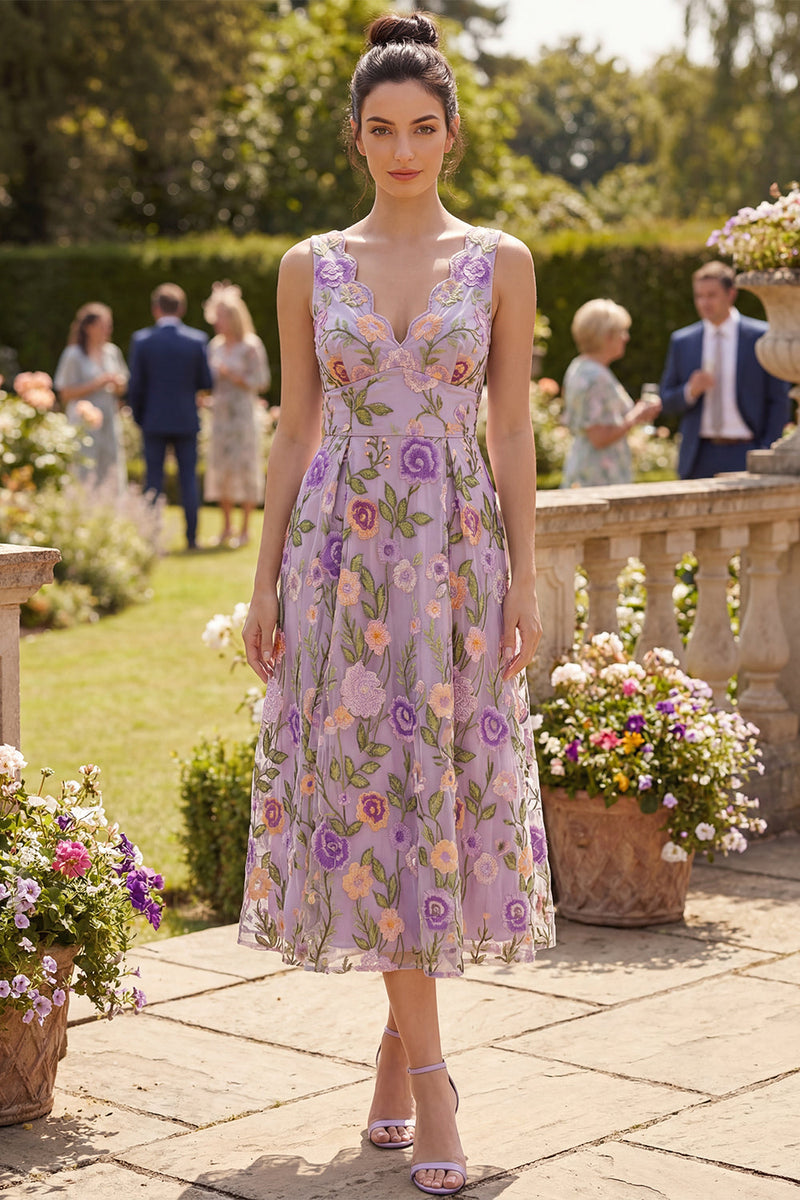 Load image into Gallery viewer, Lilac A Line Maxi Floral V-Neck Wedding Guest Dress