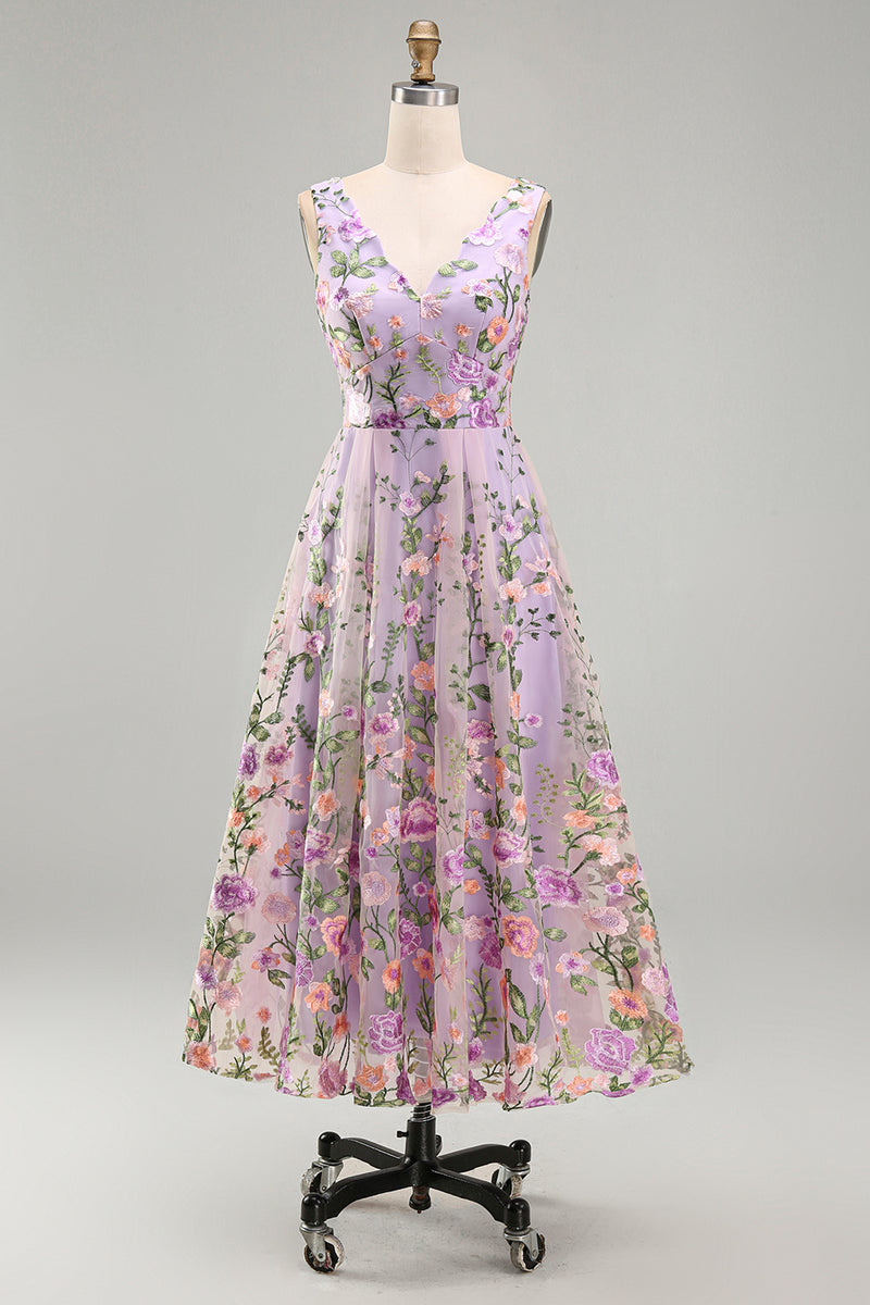 Load image into Gallery viewer, Lilac A Line Maxi Floral V-Neck Wedding Guest Dress