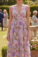 Load image into Gallery viewer, Lilac A Line Maxi Floral V-Neck Wedding Guest Dress