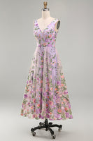 Load image into Gallery viewer, Lilac A Line Maxi Floral V-Neck Wedding Guest Dress