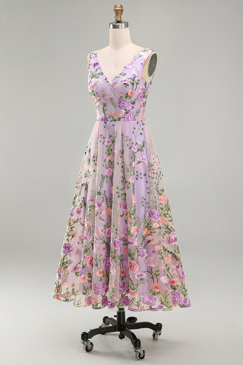 Load image into Gallery viewer, Lilac A Line Maxi Floral V-Neck Wedding Guest Dress
