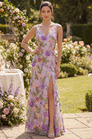 Load image into Gallery viewer, Maxi Floral Lilac Sheath V-Neck Backless Wedding Guest Dress with Slit