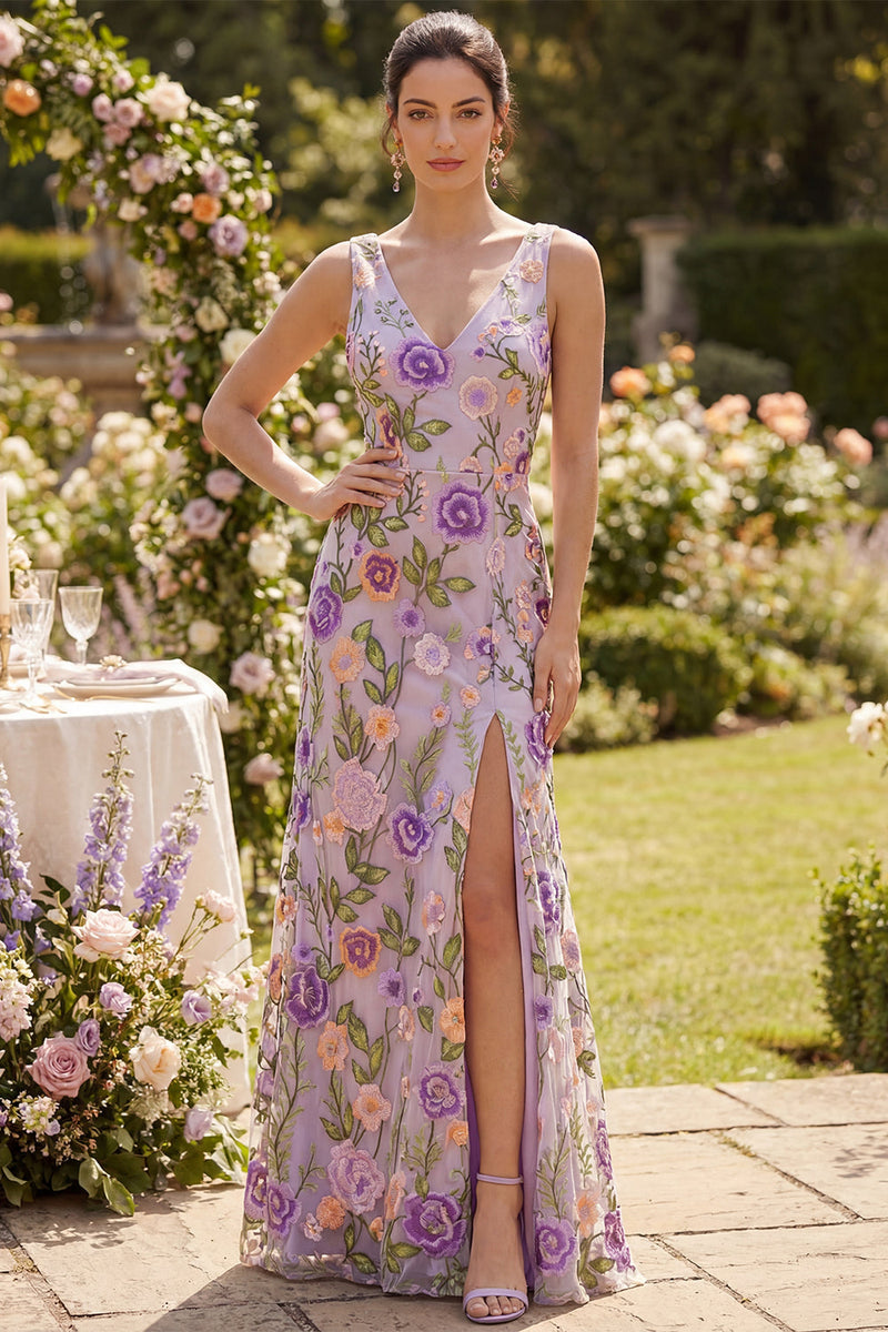 Load image into Gallery viewer, Maxi Floral Lilac Sheath V-Neck Backless Wedding Guest Dress with Slit