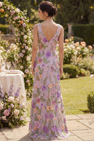 Load image into Gallery viewer, Maxi Floral Lilac Sheath V-Neck Backless Wedding Guest Dress with Slit