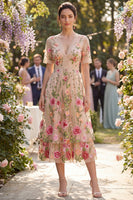 Load image into Gallery viewer, Queendancer Women Blush Maxi Floral Wedding Guest Dress with Lace A Line Short Sleeves V-Neck Formal Dress with Ruffles
