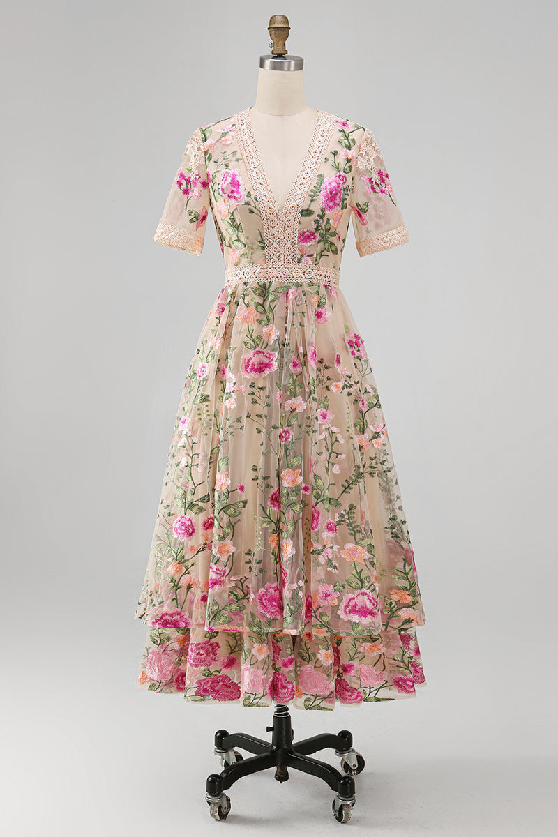 Load image into Gallery viewer, Ruffled A Line Maxi Blush Floral Wedding Guest Dress with Lace