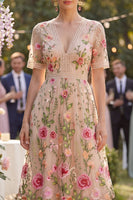 Load image into Gallery viewer, Ruffled A Line Maxi Blush Floral Wedding Guest Dress with Lace