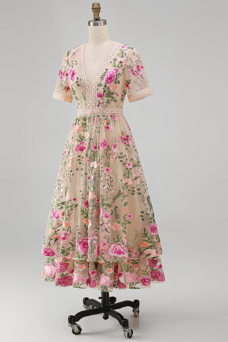 Load image into Gallery viewer, Ruffled A Line Maxi Blush Floral Wedding Guest Dress with Lace