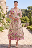Load image into Gallery viewer, Ruffled A Line Maxi Blush Floral Wedding Guest Dress with Lace