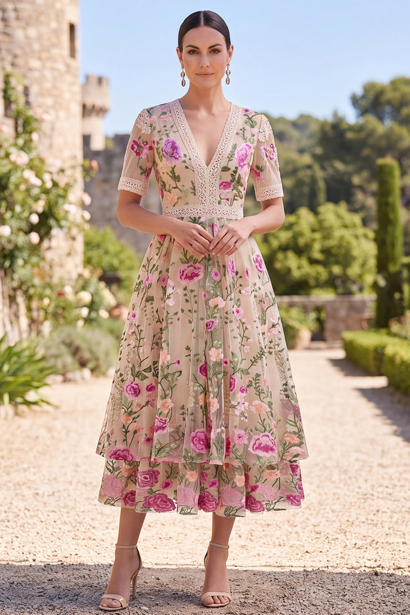 Load image into Gallery viewer, Ruffled A Line Maxi Blush Floral Wedding Guest Dress with Lace