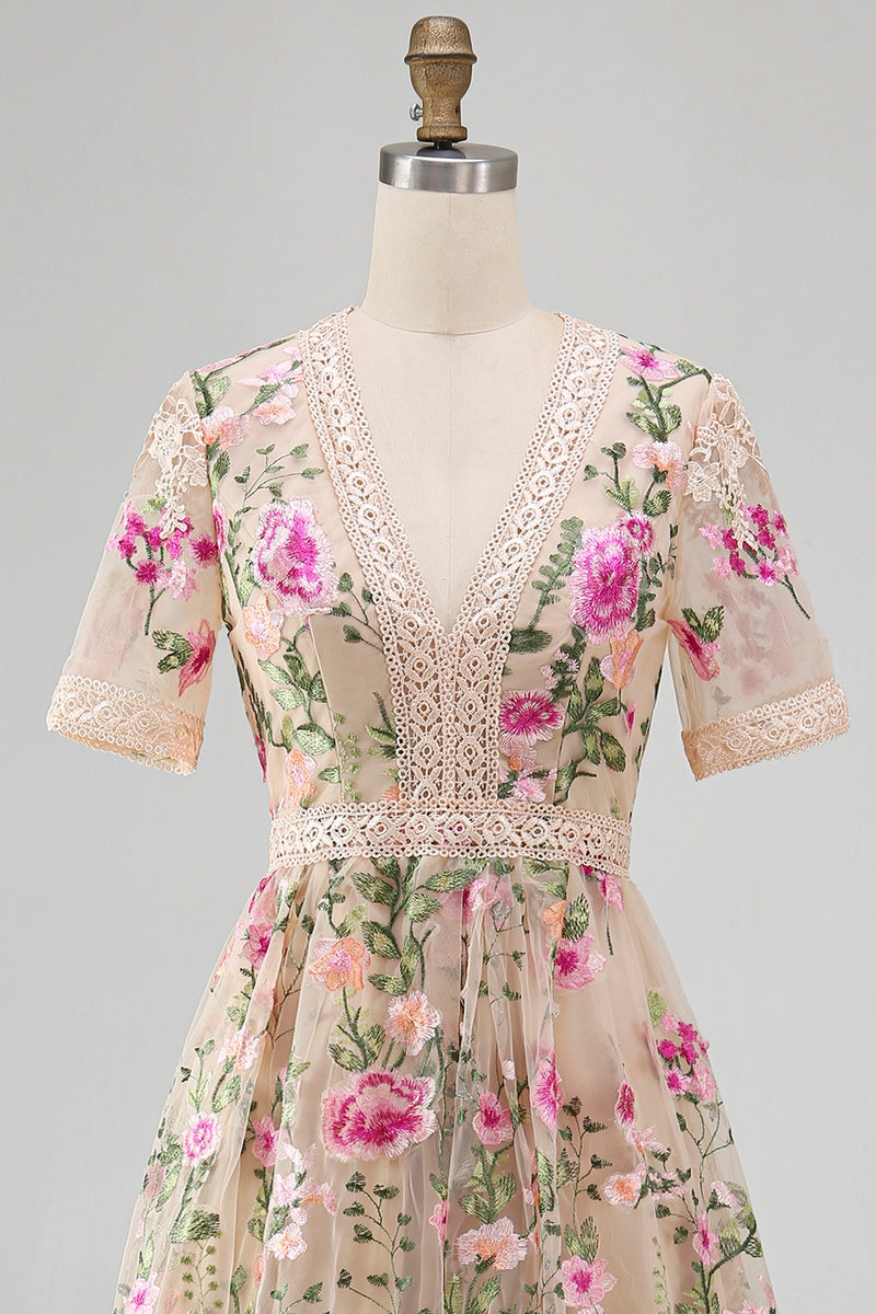 Load image into Gallery viewer, Ruffled A Line Maxi Blush Floral Wedding Guest Dress with Lace
