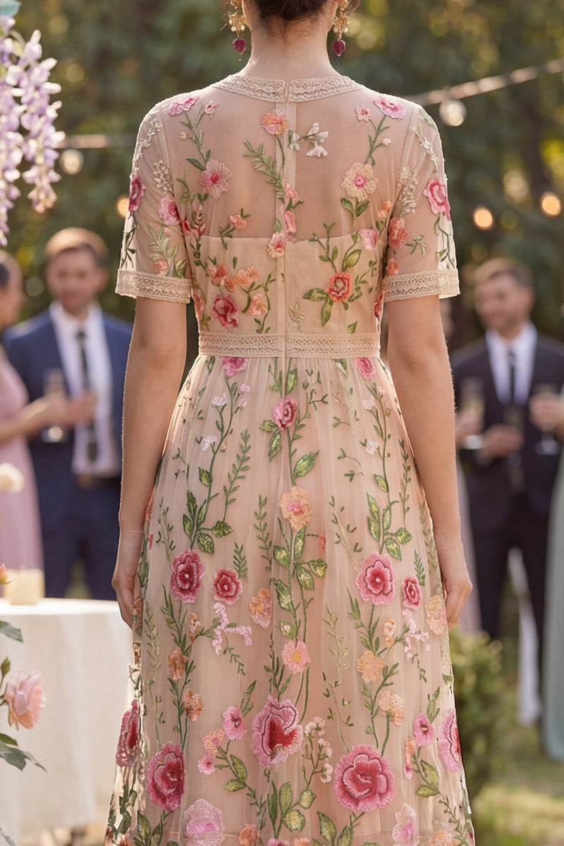 Load image into Gallery viewer, Ruffled A Line Maxi Blush Floral Wedding Guest Dress with Lace
