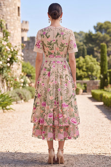 Ruffled A Line Maxi Blush Floral Wedding Guest Dress with Lace
