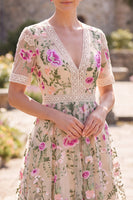 Load image into Gallery viewer, Ruffled A Line Maxi Blush Floral Wedding Guest Dress with Lace