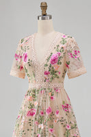 Load image into Gallery viewer, Ruffled A Line Maxi Blush Floral Wedding Guest Dress with Lace